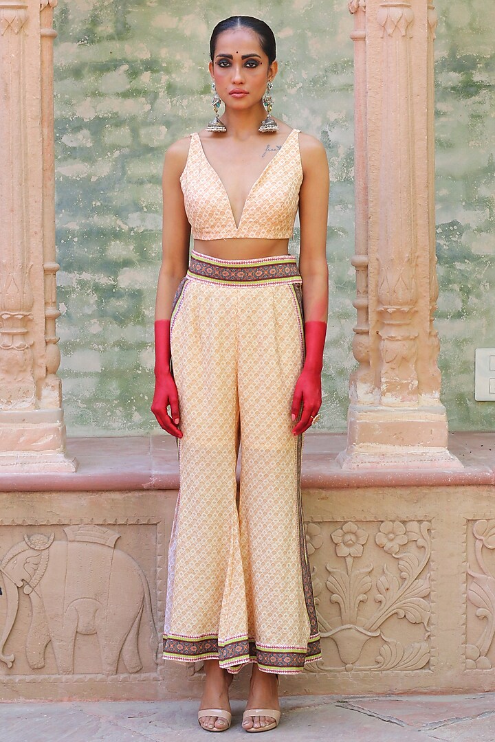 Beige Cotton Silk Overlay Jacket Set by Ankur J at Pernia's Pop Up Shop