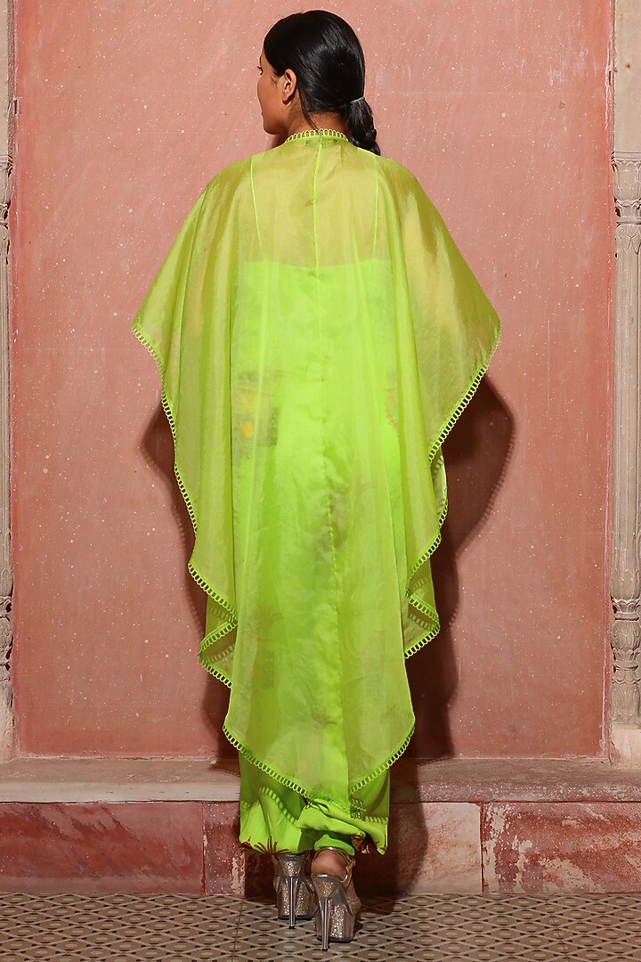 Coral Green Modal Satin Printed Jumpsuit With Cape by Ankur J at Pernia's Pop Up Shop