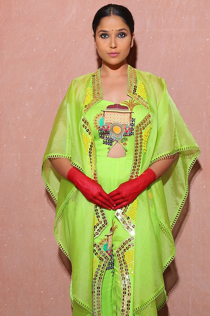 Coral Green Modal Satin Printed Jumpsuit With Cape by Ankur J at Pernia's Pop Up Shop