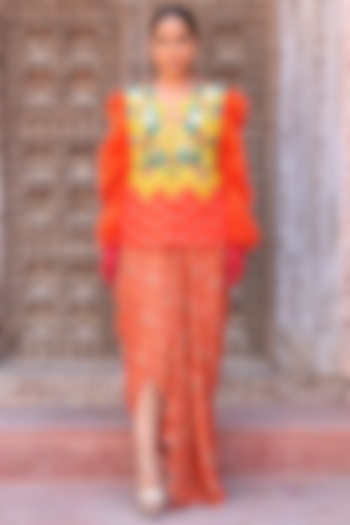 Tangerine Modal Satin Printed Draped Skirt Set by Ankur J