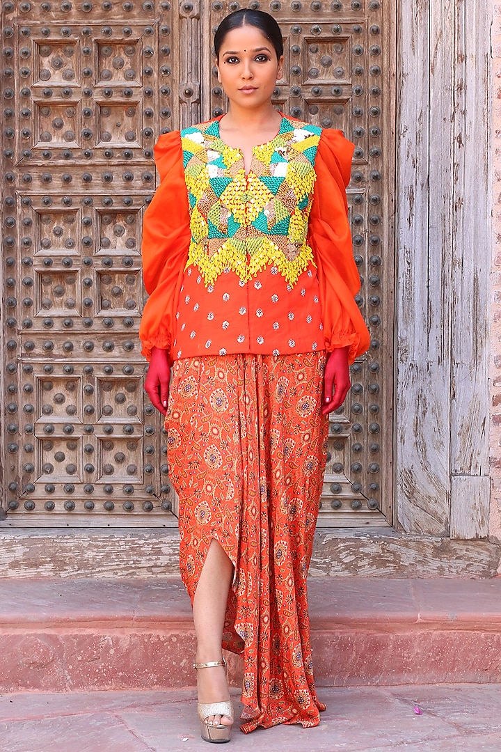 Tangerine Modal Satin Printed Draped Skirt Set by Ankur J