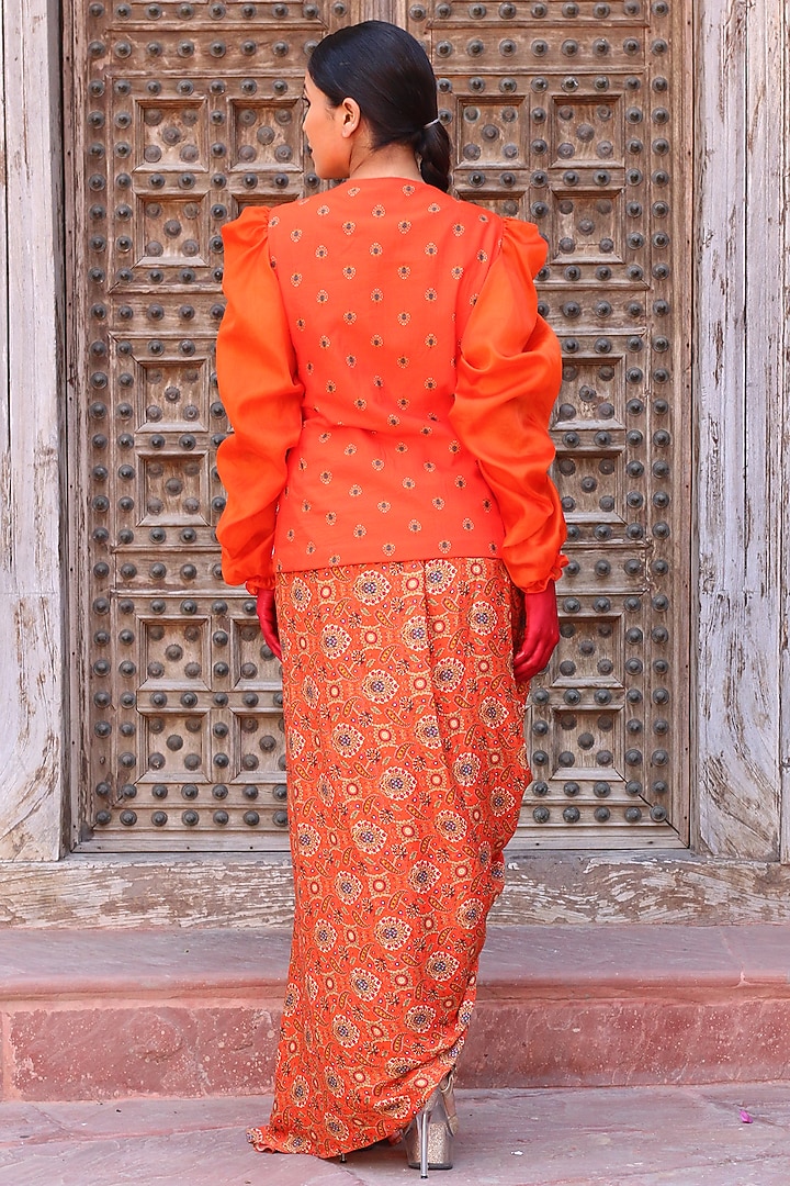 Tangerine Modal Satin Printed Draped Skirt Set by Ankur J at Pernia's Pop Up Shop