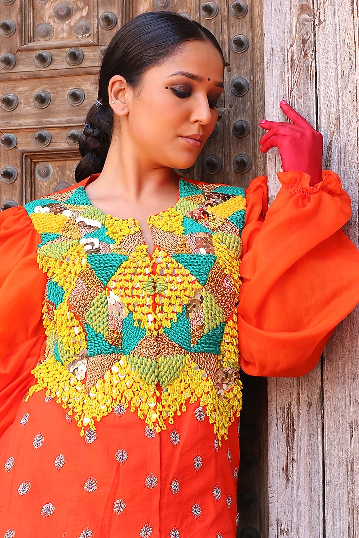 Tangerine Modal Satin Printed Draped Skirt Set by Ankur J at Pernia's Pop Up Shop