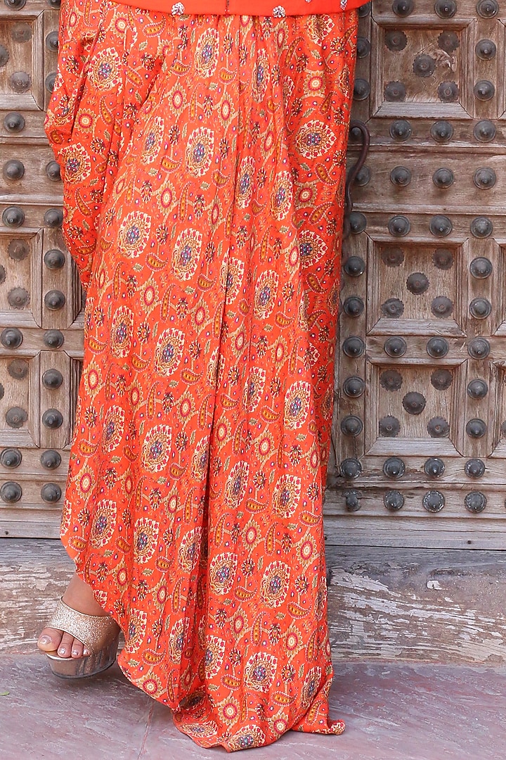 Tangerine Modal Satin Printed Draped Skirt Set by Ankur J at Pernia's Pop Up Shop