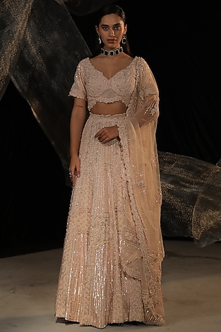 Rose Gold Satin Crepe Embroidered Lehenga Set by Ankur J