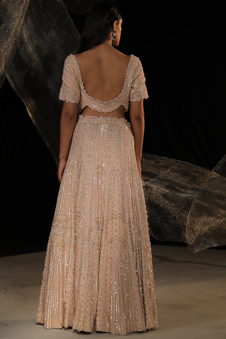 Rose Gold Satin Crepe Embroidered Bridal Lehenga Set by Ankur J at Pernia's Pop Up Shop