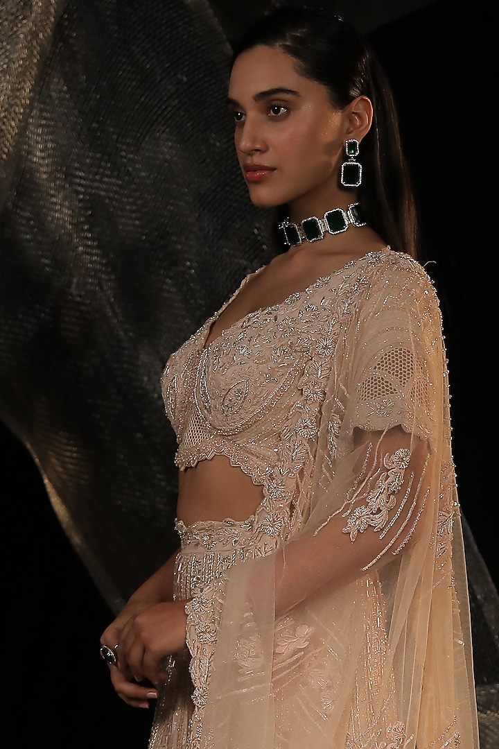 Rose Gold Satin Crepe Embroidered Bridal Lehenga Set by Ankur J at Pernia's Pop Up Shop