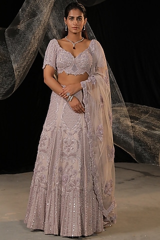 Periwinkle Moss Crepe Embroidered Lehenga Set by Ankur J