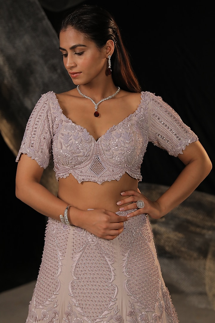 Periwinkle Moss Crepe Embroidered Bridal Lehenga Set by Ankur J at Pernia's Pop Up Shop