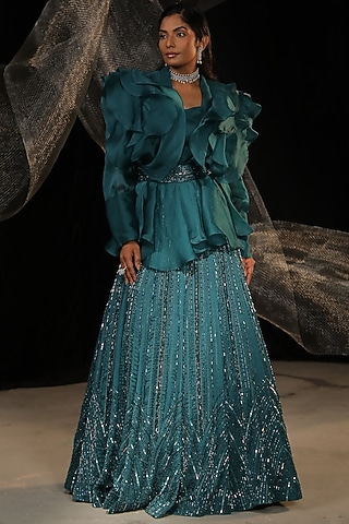 Sage Cyan Silk Organza & Moss Crepe Jacket Lehenga Set by Ankur J