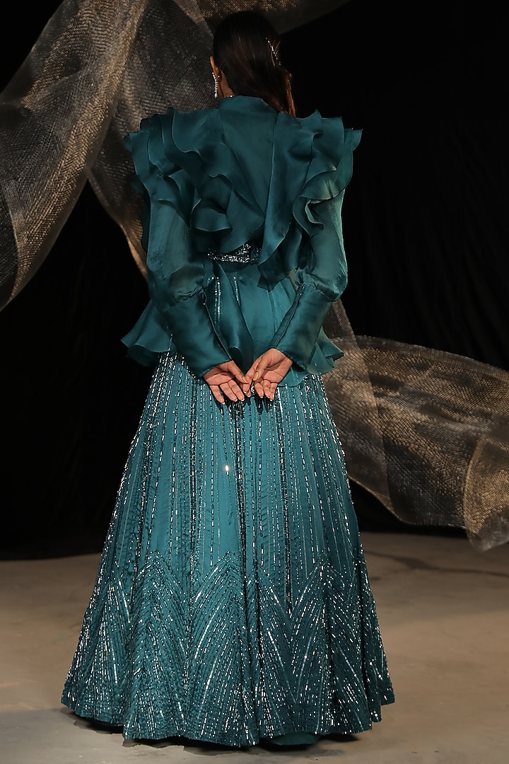 Sage Cyan Silk Organza & Moss Crepe Jacket Wedding Lehenga Set by Ankur J at Pernia's Pop Up Shop