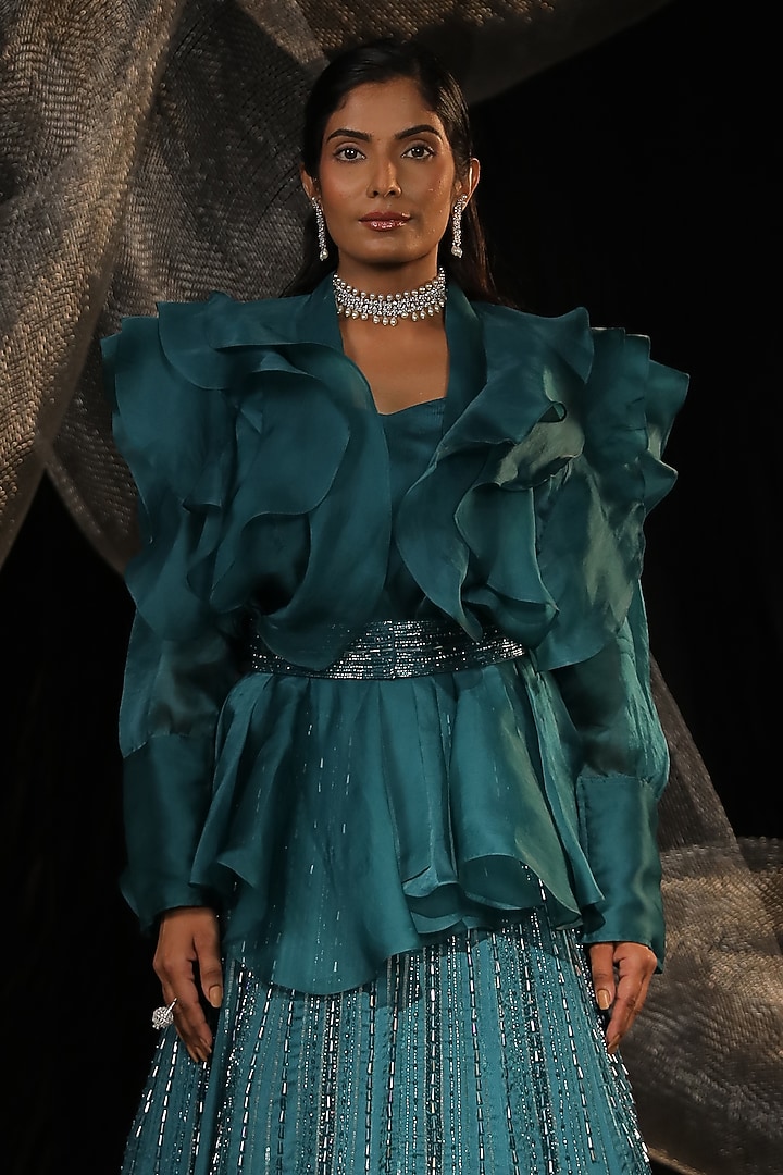 Sage Cyan Silk Organza & Moss Crepe Jacket Wedding Lehenga Set by Ankur J at Pernia's Pop Up Shop