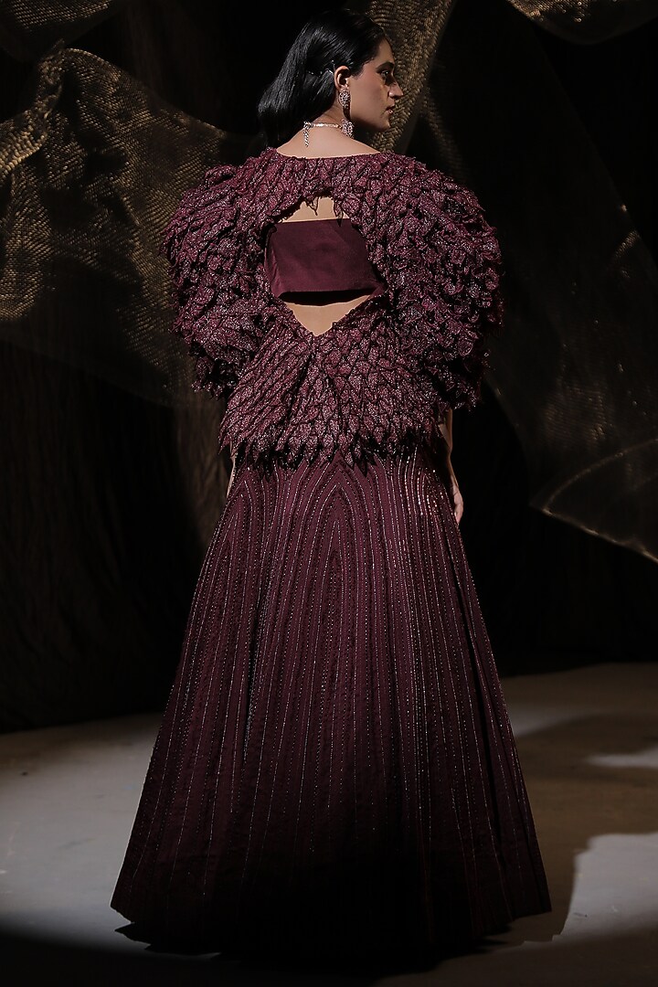 Claret Cotton Silk & Zari Jacket Wedding Lehenga Set by Ankur J at Pernia's Pop Up Shop