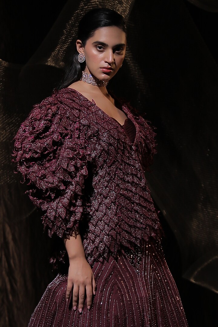 Claret Cotton Silk & Zari Jacket Wedding Lehenga Set by Ankur J at Pernia's Pop Up Shop