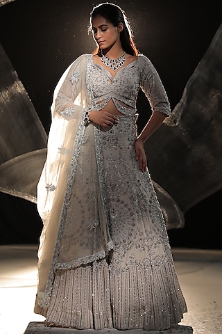 Dove Grey Moss Crepe Embroidered Lehenga Set by Ankur J