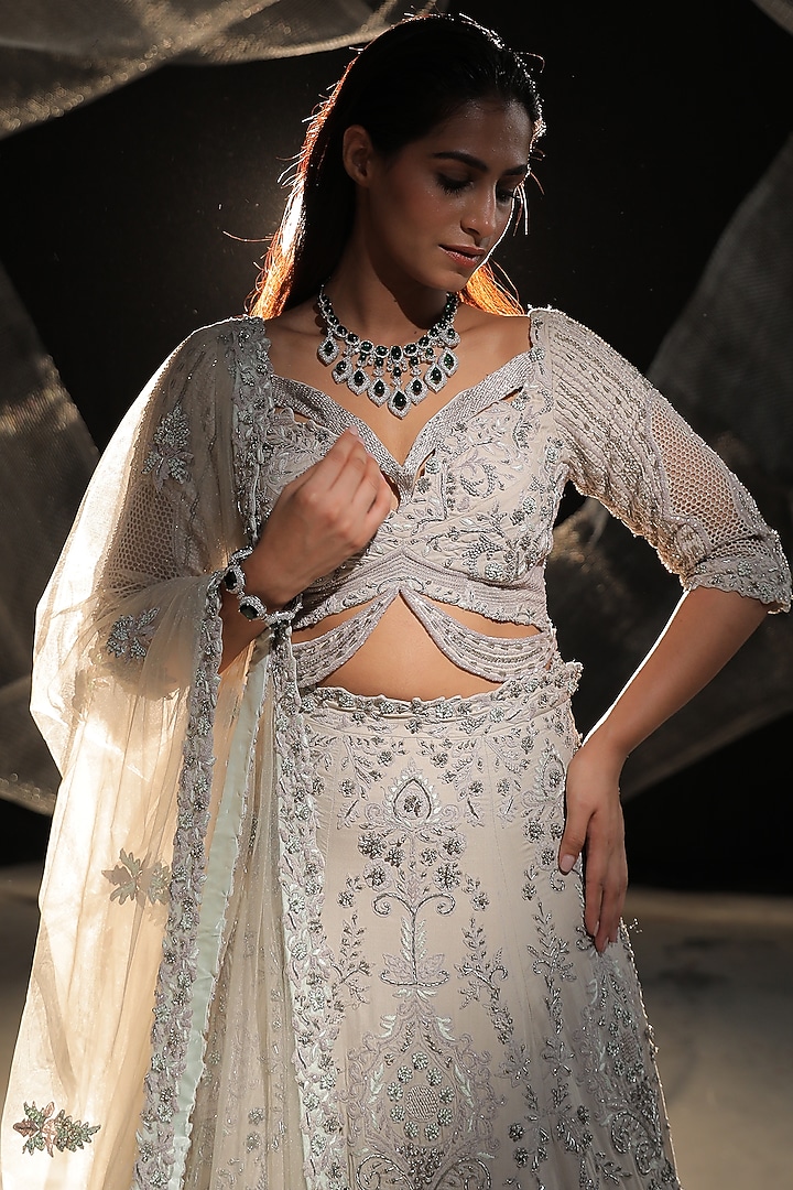 Dove Grey Moss Crepe Embroidered Bridal Lehenga Set by Ankur J at Pernia's Pop Up Shop