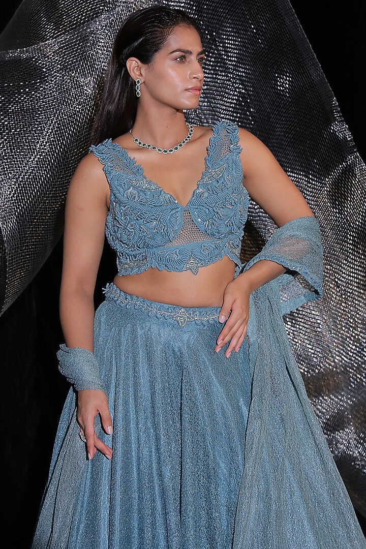 Teal Cotton Silk & Zari Wedding Lehenga Set by Ankur J at Pernia's Pop Up Shop