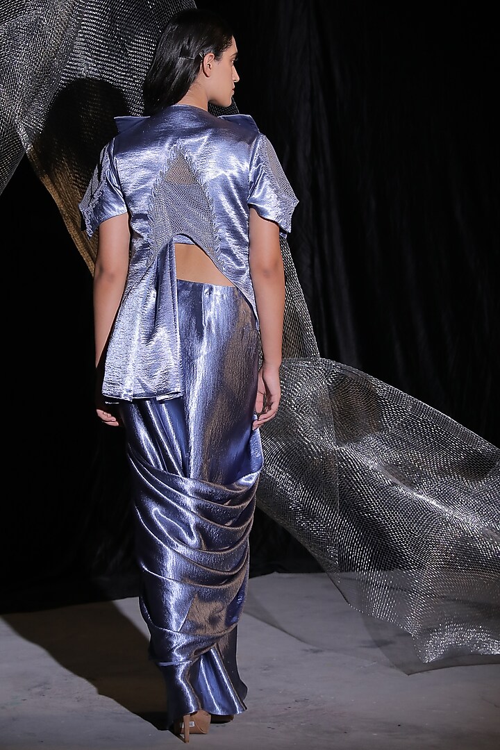 Midnight Ash Satin Crepe Draped Jacket Wedding Saree Set by Ankur J at Pernia's Pop Up Shop
