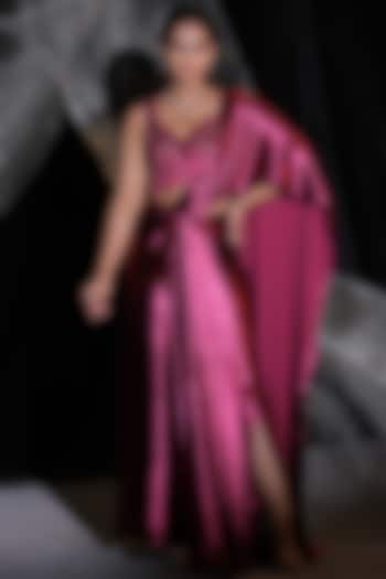 Metallic Pink Satin Crepe Draped Saree Set by Ankur J