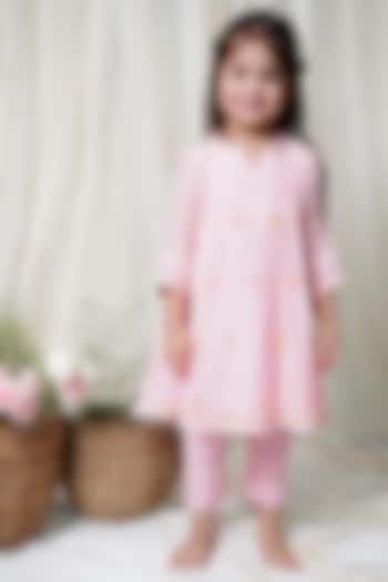 Blush Pink Chanderi Kurta Set For Girls by Ananda Life - Kids