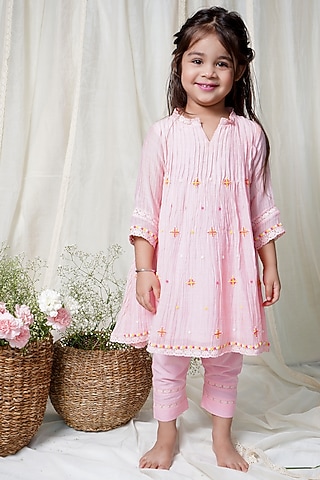Blush Pink Chanderi Kurta Set For Girls by Ananda Life - Kids
