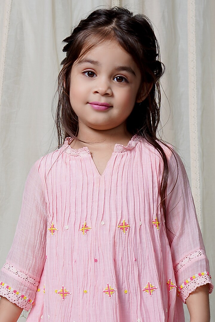 Blush Pink Chanderi Kurta Set For Girls by Ananda Life - Kids at Pernia's Pop Up Shop