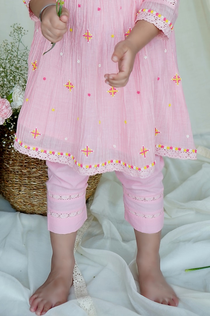Blush Pink Chanderi Kurta Set For Girls by Ananda Life - Kids at Pernia's Pop Up Shop