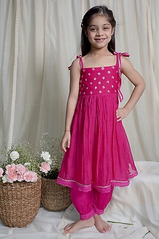 Fuchsia Chanderi Kurta Set For Girls by Ananda Life - Kids
