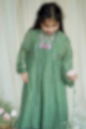 Dusty Green Chanderi Kurta Set For Girls by Ananda Life - Kids