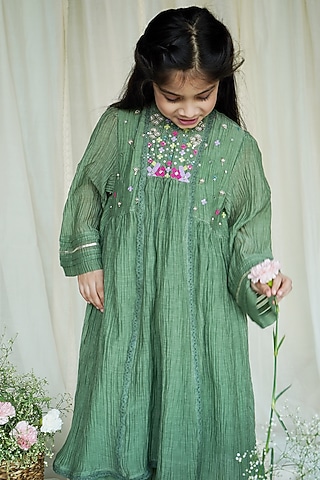 Dusty Green Chanderi Kurta Set For Girls by Ananda Life - Kids