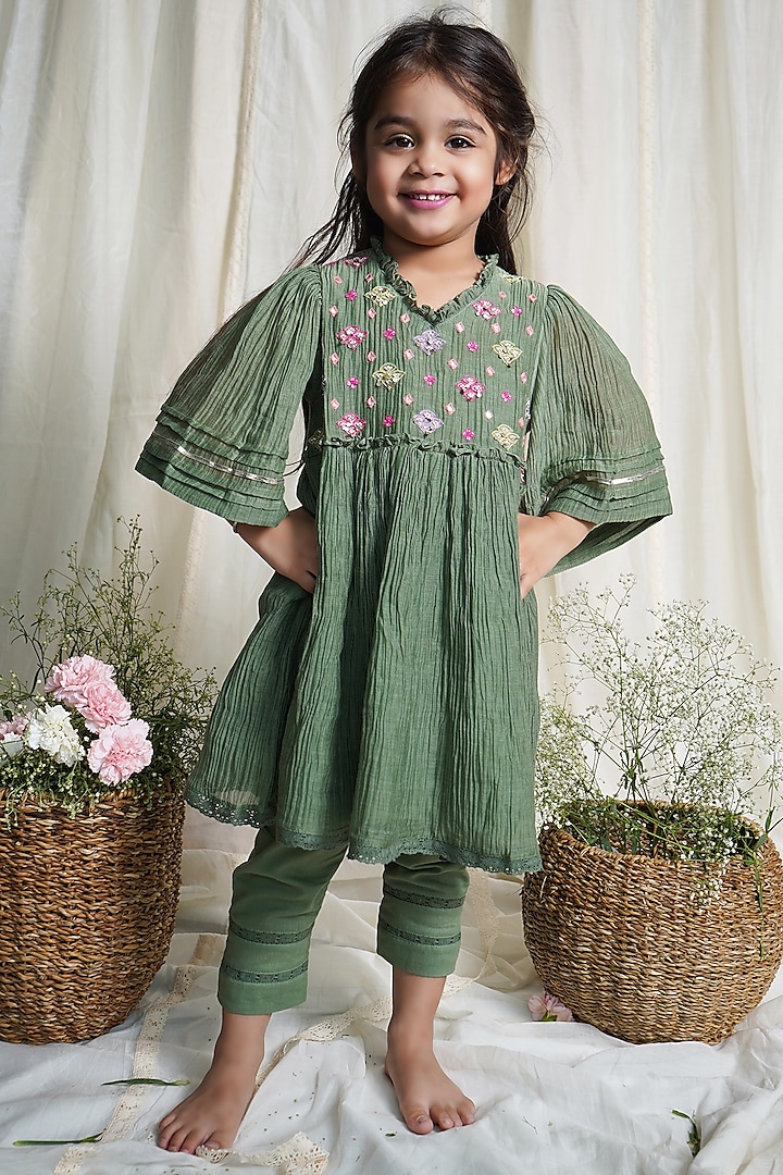 Dusty Green Embroidered Kurta Set For Girls by Ananda Life - Kids