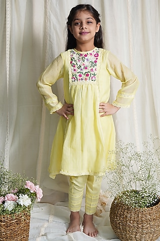 Lemon Yellow Chanderi Kurta Set For Girls by Ananda Life - Kids