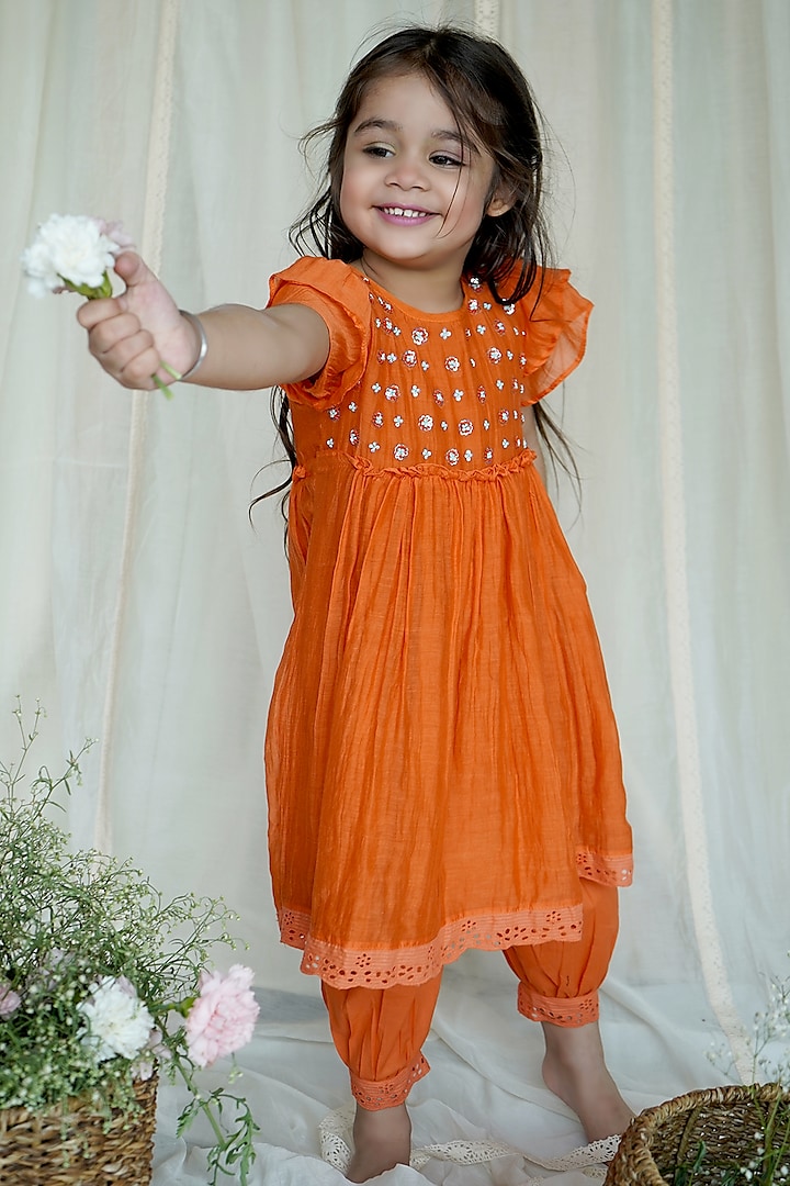 Tangerine Chanderi Kurta Set For Girls by Ananda Life - Kids