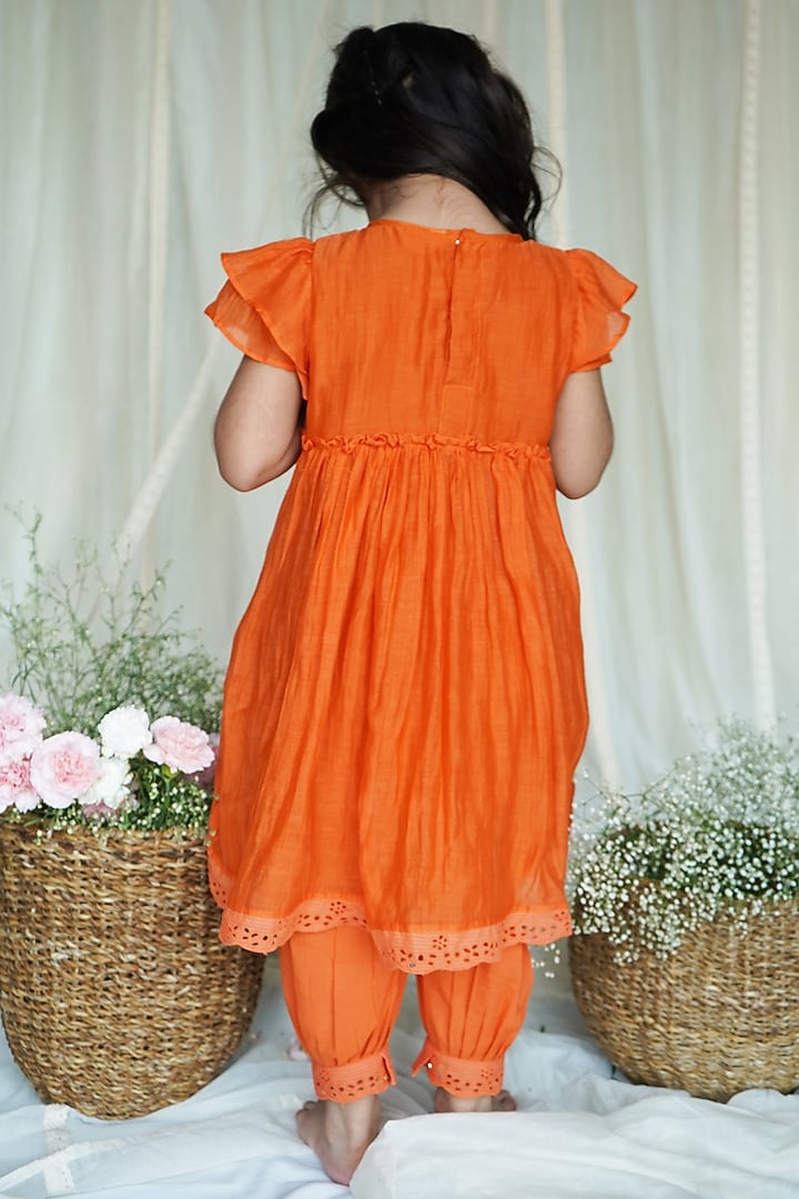 Tangerine Chanderi Kurta Set For Girls by Ananda Life - Kids at Pernia's Pop Up Shop