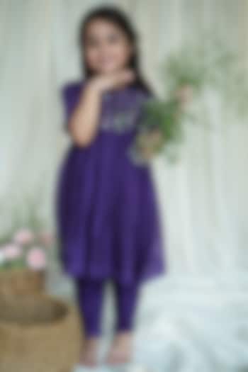 Purple Chanderi Kurta Set For Girls by Ananda Life - Kids
