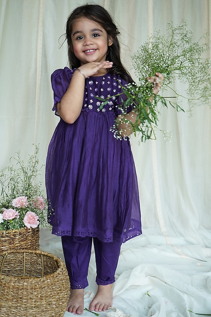 Purple Chanderi Kurta Set For Girls by Ananda Life - Kids