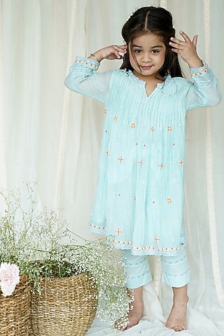 Blue Chanderi Kurta Set For Girls by Ananda Life - Kids
