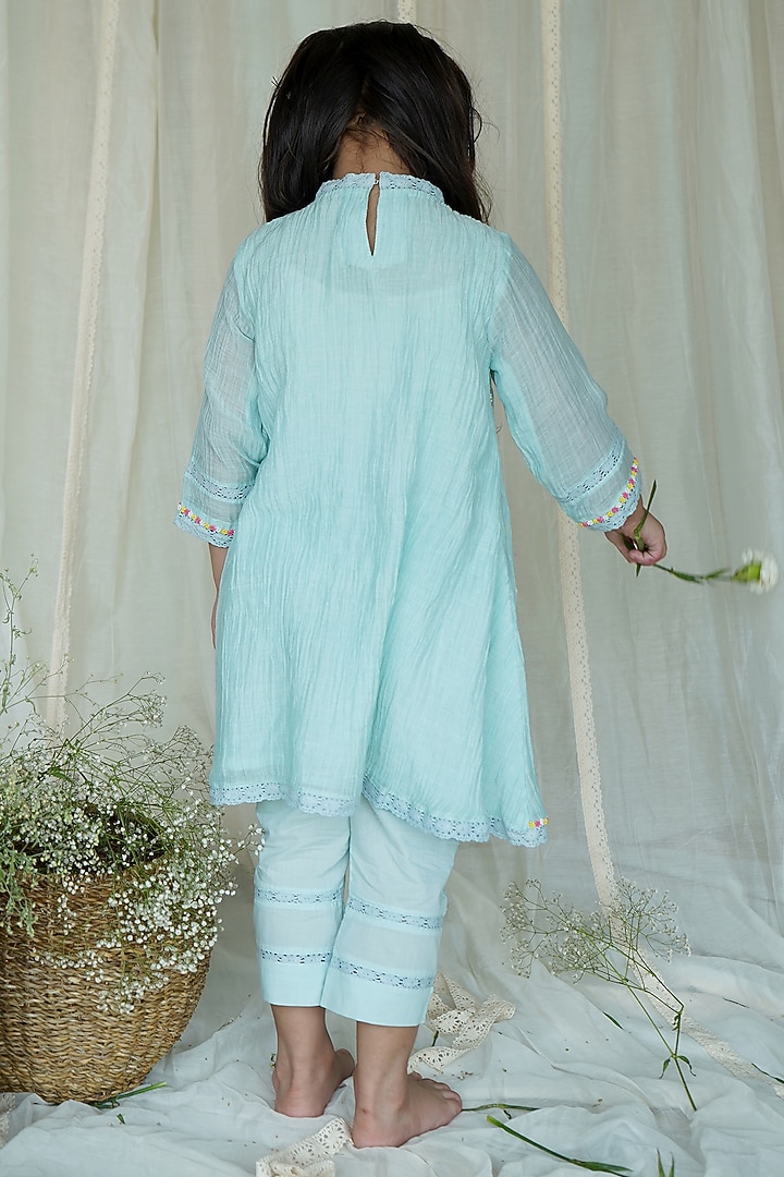 Blue Chanderi Kurta Set For Girls by Ananda Life - Kids at Pernia's Pop Up Shop