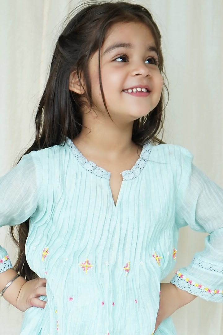 Blue Chanderi Kurta Set For Girls by Ananda Life - Kids at Pernia's Pop Up Shop