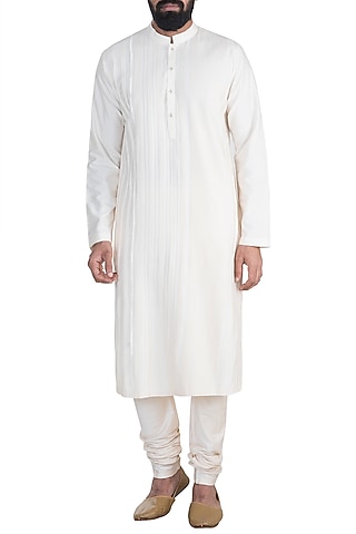 White Pintuck Stripes Kurta Set by Anuj Madaan