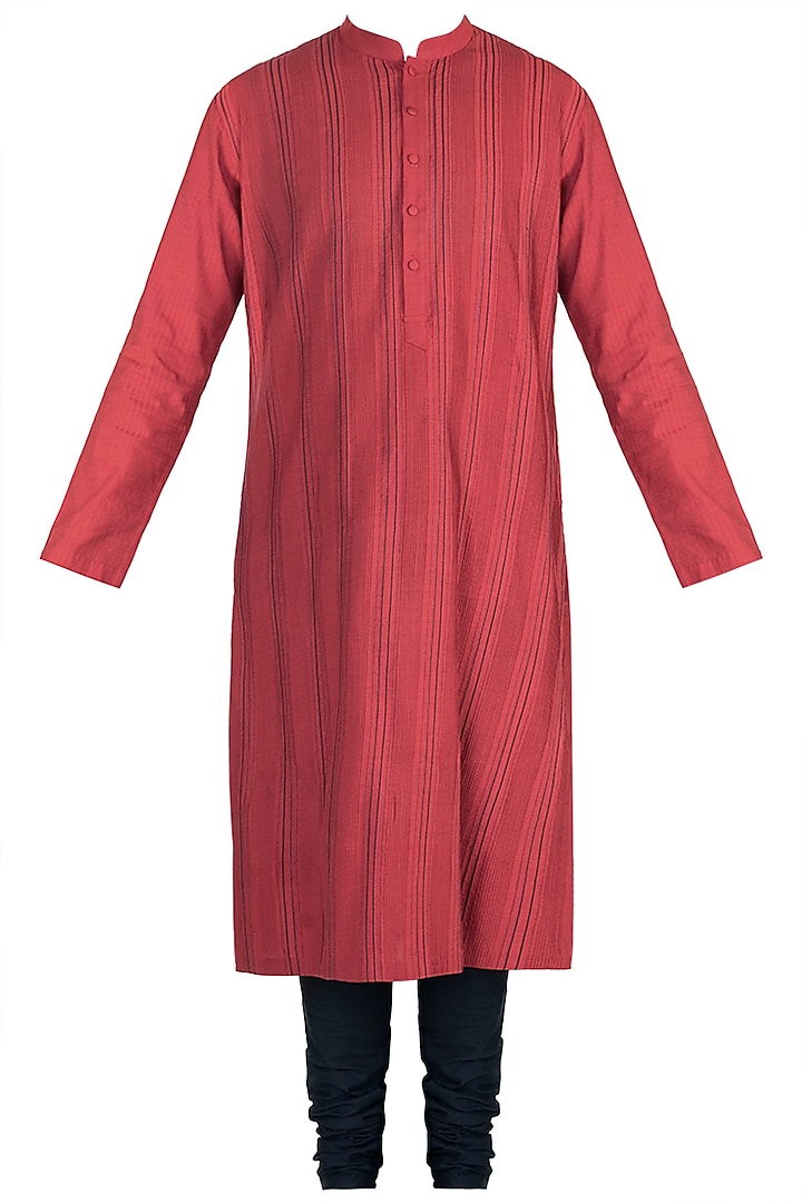 Red Anchor Dori Stripes Kurta Set by Anuj Madaan