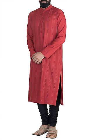Red Anchor Dori Stripes Kurta Set by Anuj Madaan