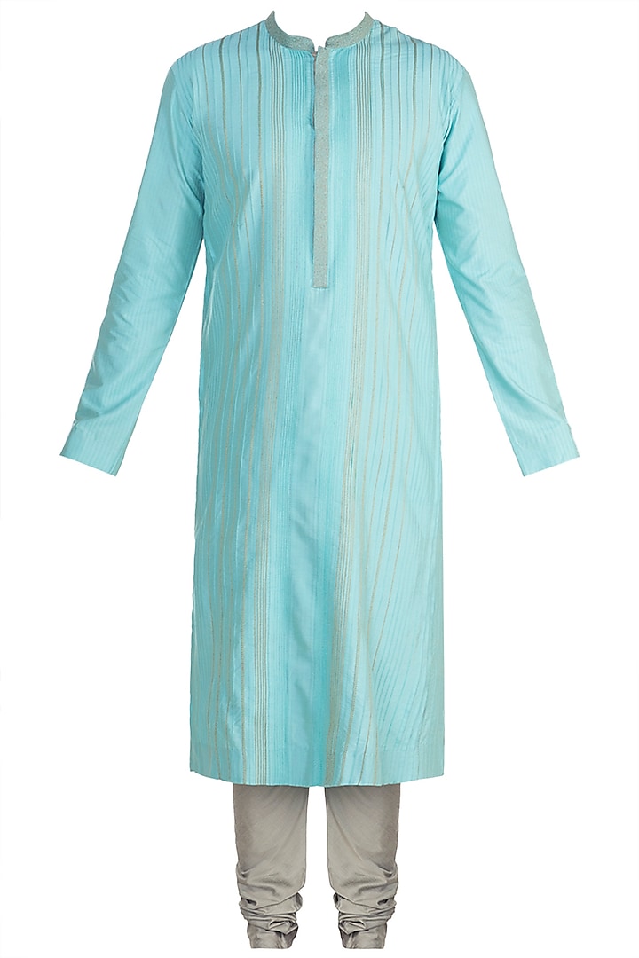 Turquoise Anchor Dori Stripes Kurta Set by Anuj Madaan
