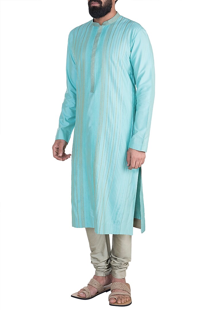 Turquoise Anchor Dori Stripes Kurta Set by Anuj Madaan at Pernia's Pop Up Shop