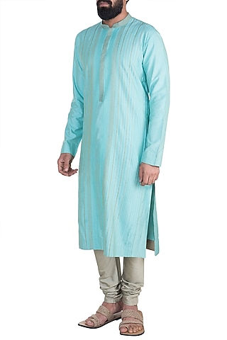 Turquoise Anchor Dori Stripes Kurta Set by Anuj Madaan