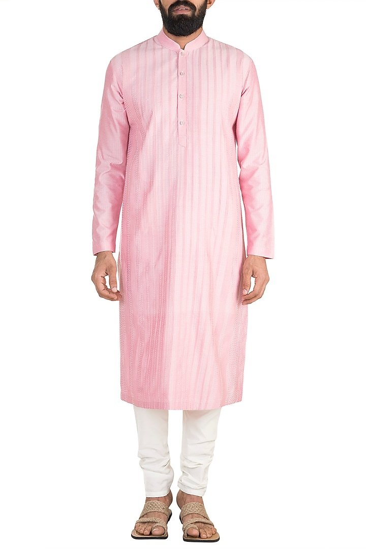 Peach Kantha & Pintucks Stripes Kurta by Anuj Madaan at Pernia's Pop Up Shop