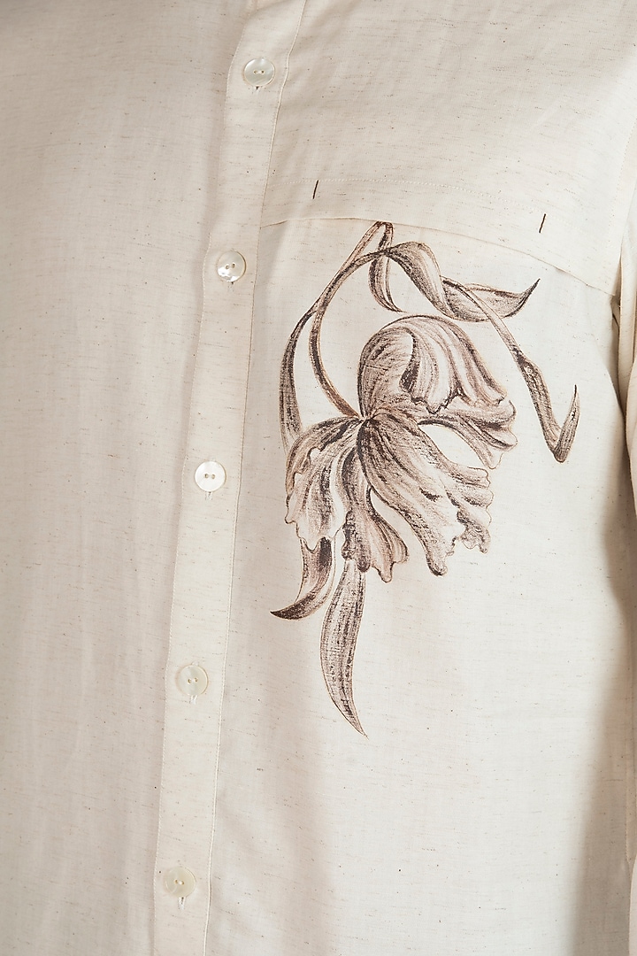 Ecru Floral Hand Painted Party Wear Shirt by Ananke at Pernia's Pop Up Shop