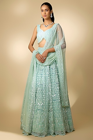 Ice Blue Net Sequins Embroidered Lehenga Set by Annu Patel