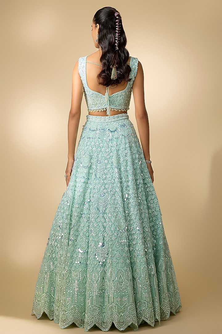 Ice Blue Net Sequins Embroidered Bridal Lehenga Set by Annu Patel at Pernia's Pop Up Shop