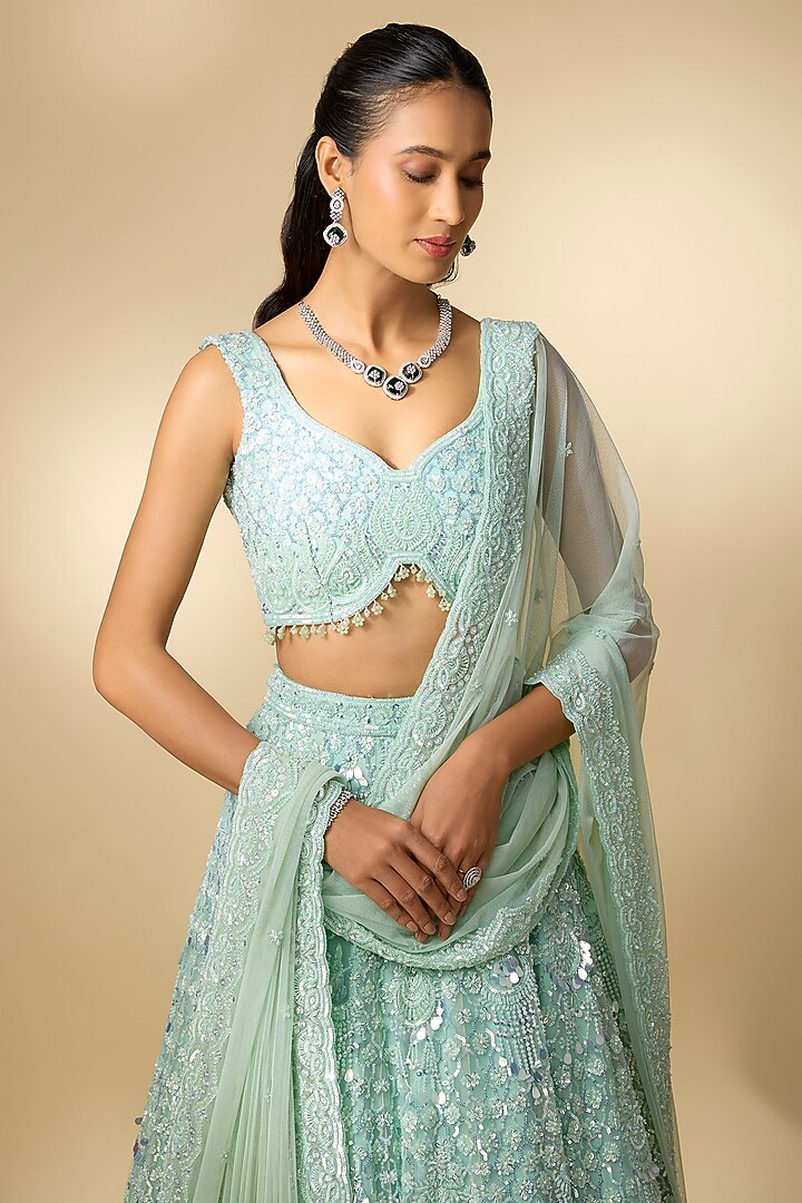 Ice Blue Net Sequins Embroidered Bridal Lehenga Set by Annu Patel at Pernia's Pop Up Shop